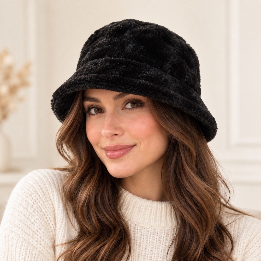 Unbranded Faux Fur Bucket Hat Women OS Black Y2K Winter Cozy Plush Fuzzy Cap